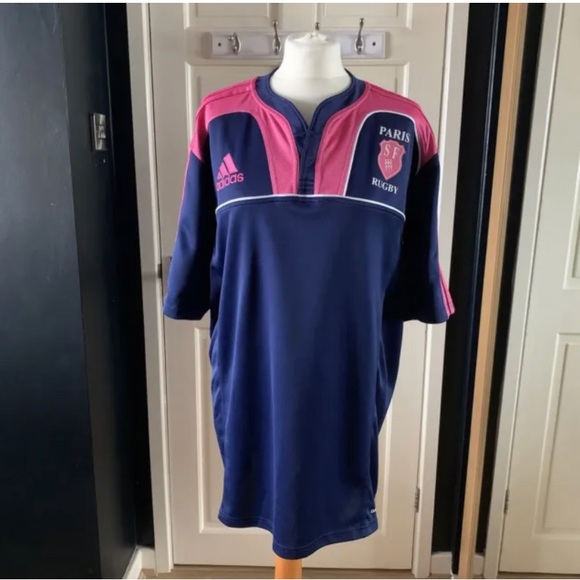 adidas Tops - Adidas Paris SF Rugby Jersey Size 2XL Ladies Navy Blue Pink Climacool Logo